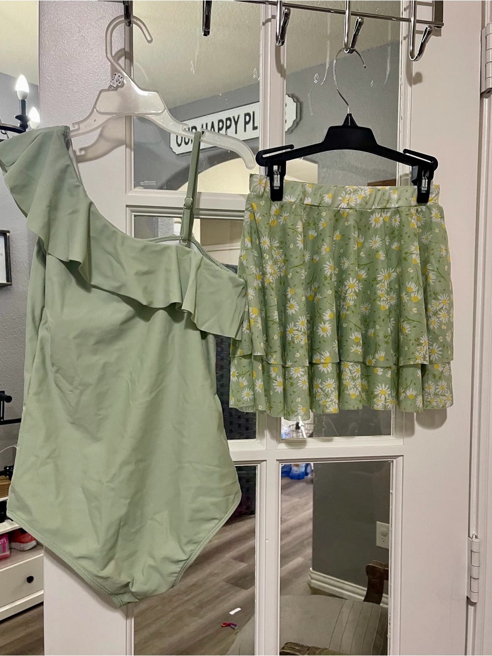 Sage Green One-Shoulder Swimsuit & Daisy Tiered Mini Swim Skirt Set